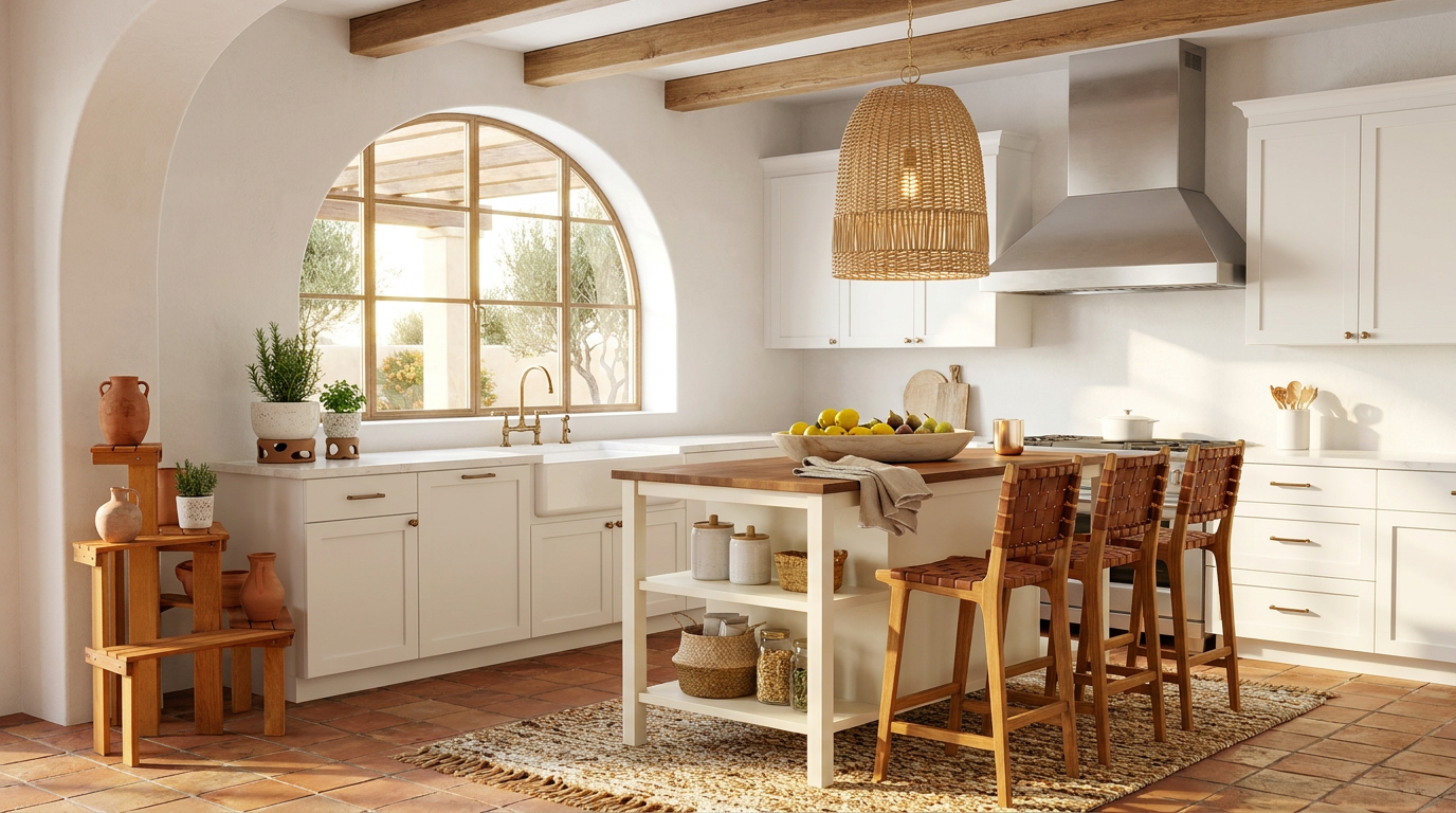 AI-designed Mediterranean kitchen with island, woven pendant light and counter stools
