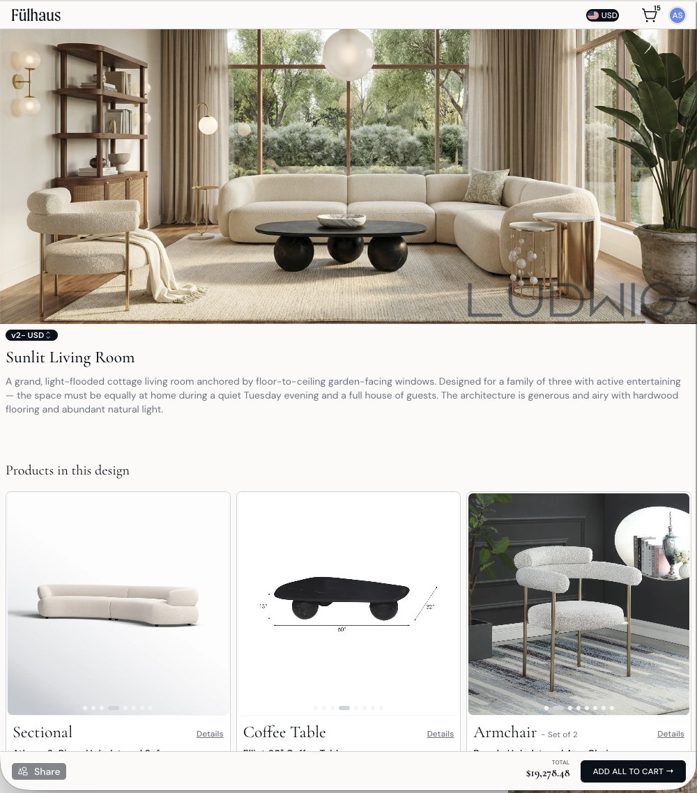 Ludwig by Fülhaus AI interior design result: a fully furnished sunlit Airbnb living room with cream boucle sectional, oak coffee table, and warm textured accents — generated from a single inspiration image.